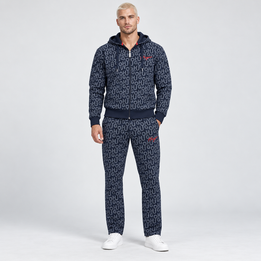 İthal Seri Lacivert Gri Harf Desenli Kapüşonlu Eşofman Takımı