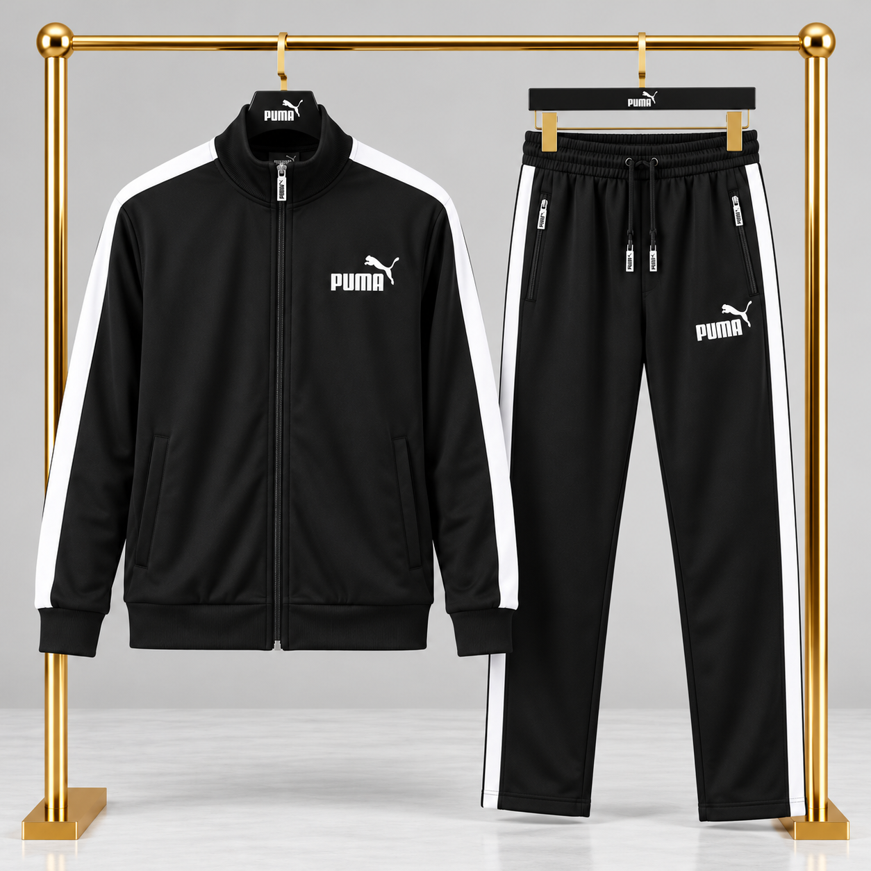 Üst Grup Siyah Beyaz Yan Şeritli Dik Yaka Fermuarlı Eşofman Takımı